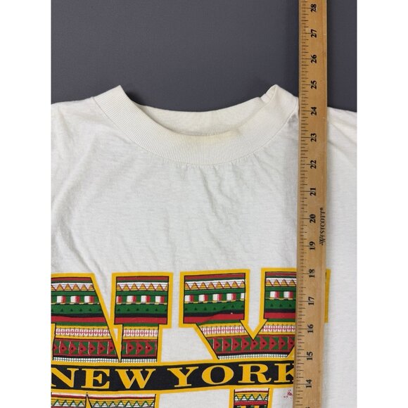 Vintage 90s New York NY Spell Out Art Logo Pattern Tribal White Shirt Short Heel - Picture 15 of 15